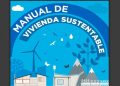 Portada ilustrada del Manual de Vivienda Sustentable con casas, molino eólico, montañas y árboles sobre fondo celeste