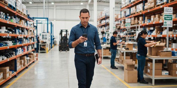 Hombre con camisa azul mira su celular en el pasillo de un depósito con estanterías llenas de cajas y operarios trabajando